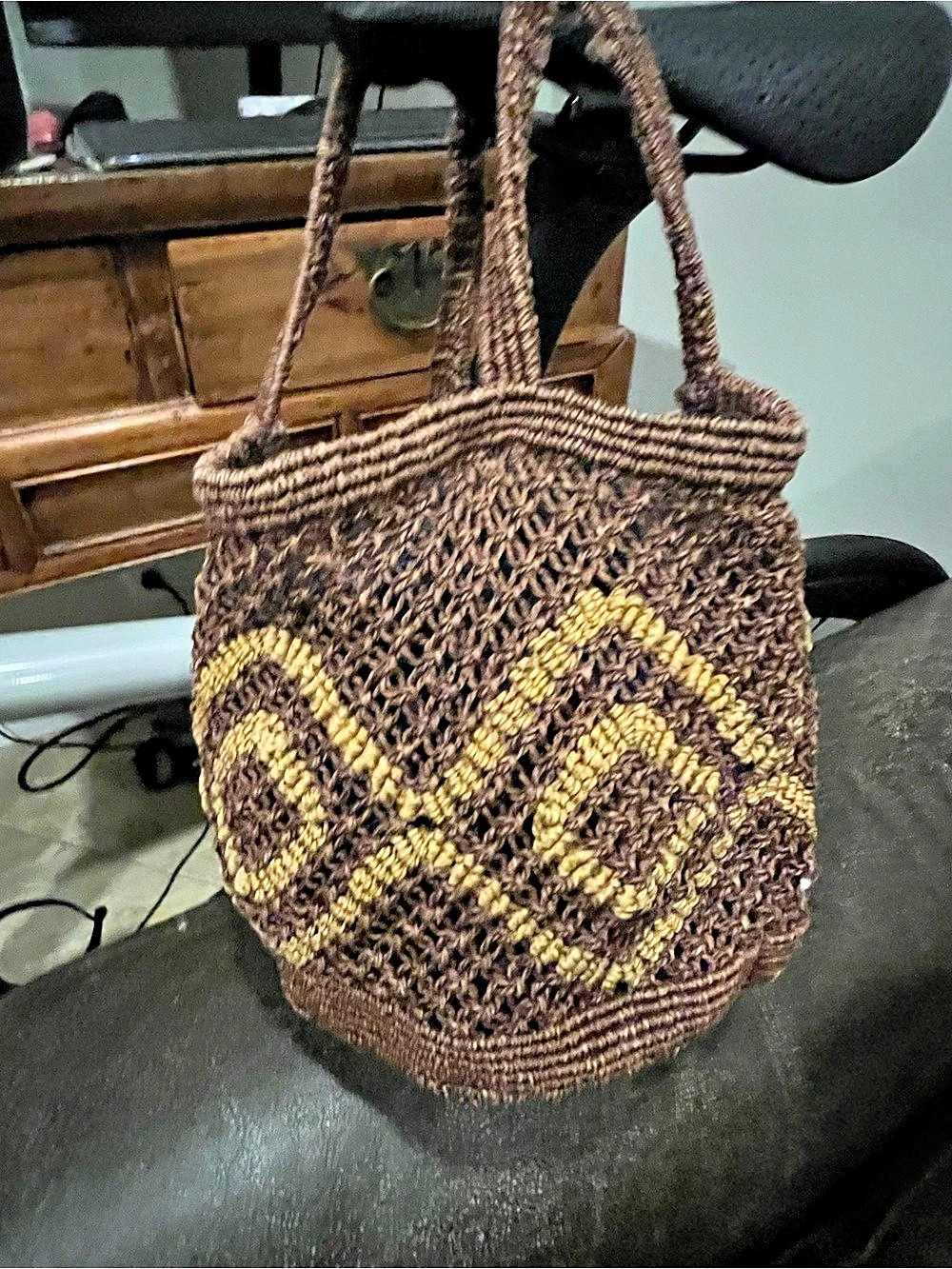 Handwoven Caribbean Tote Bag – Natural Fiber, Brown & Tan Geometric Design